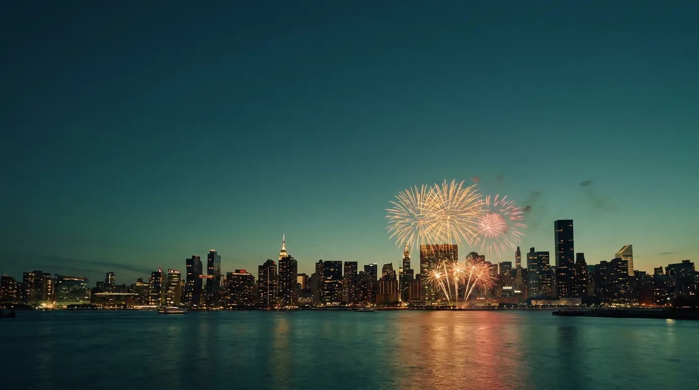 Manhattan skyline at night with Fourth of July fireworks over the East River
