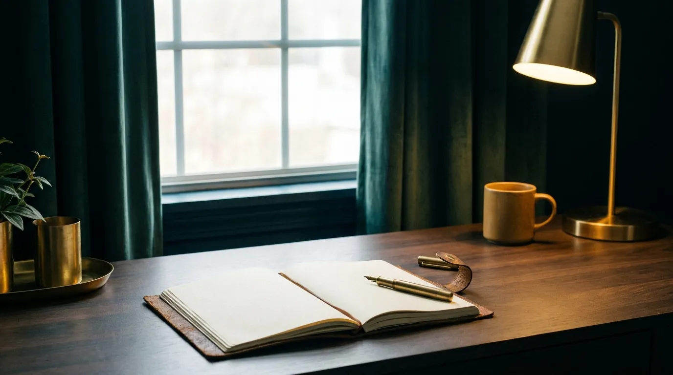 Focused tidy workspace with notebook and soft light