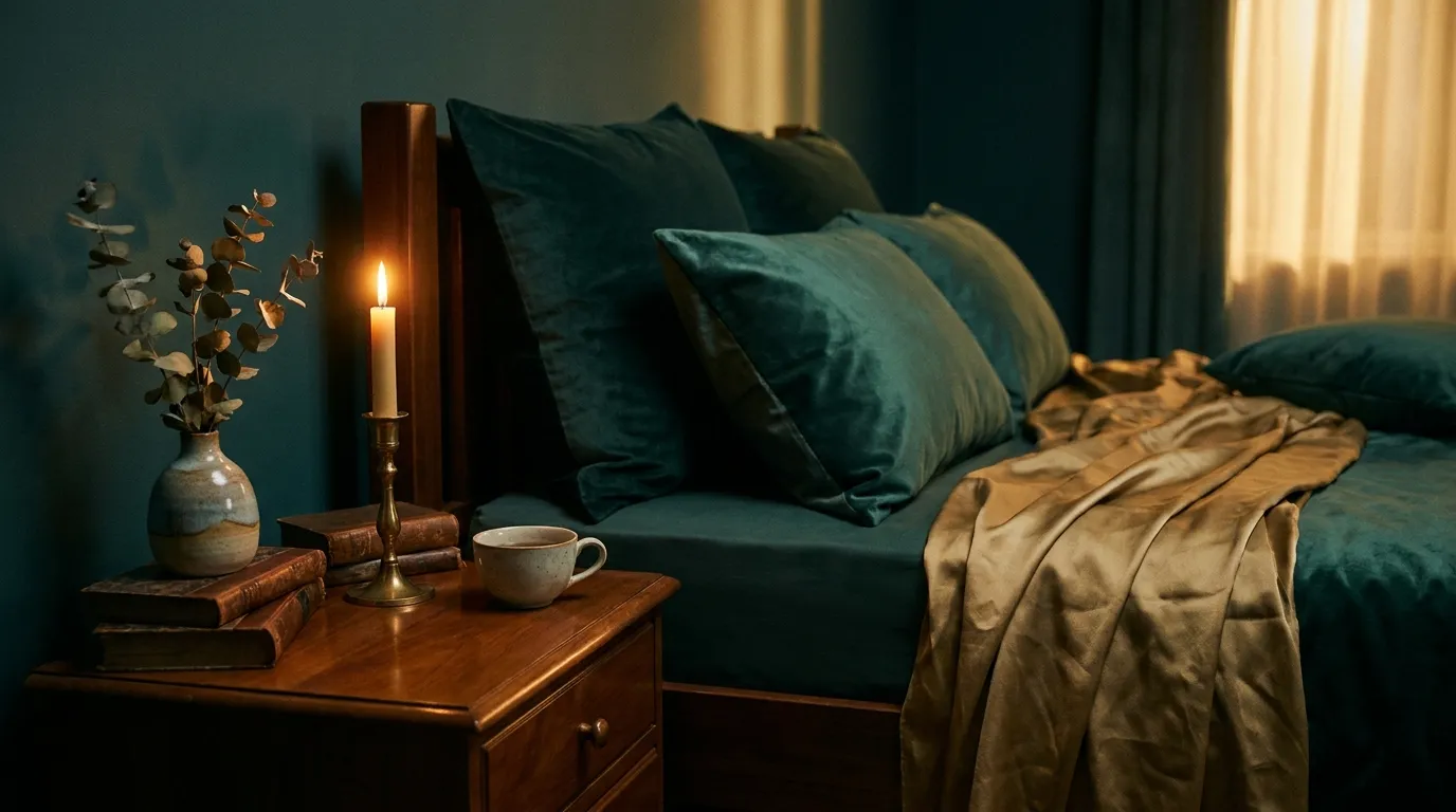 Intimate warm candlelit bedroom still-life