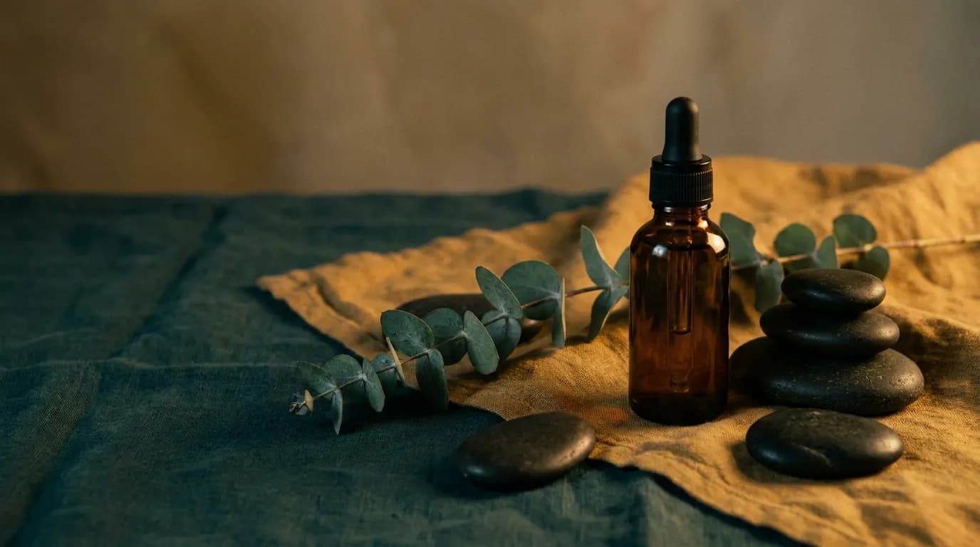 Serene wellness still-life with tincture, eucalyptus and stones