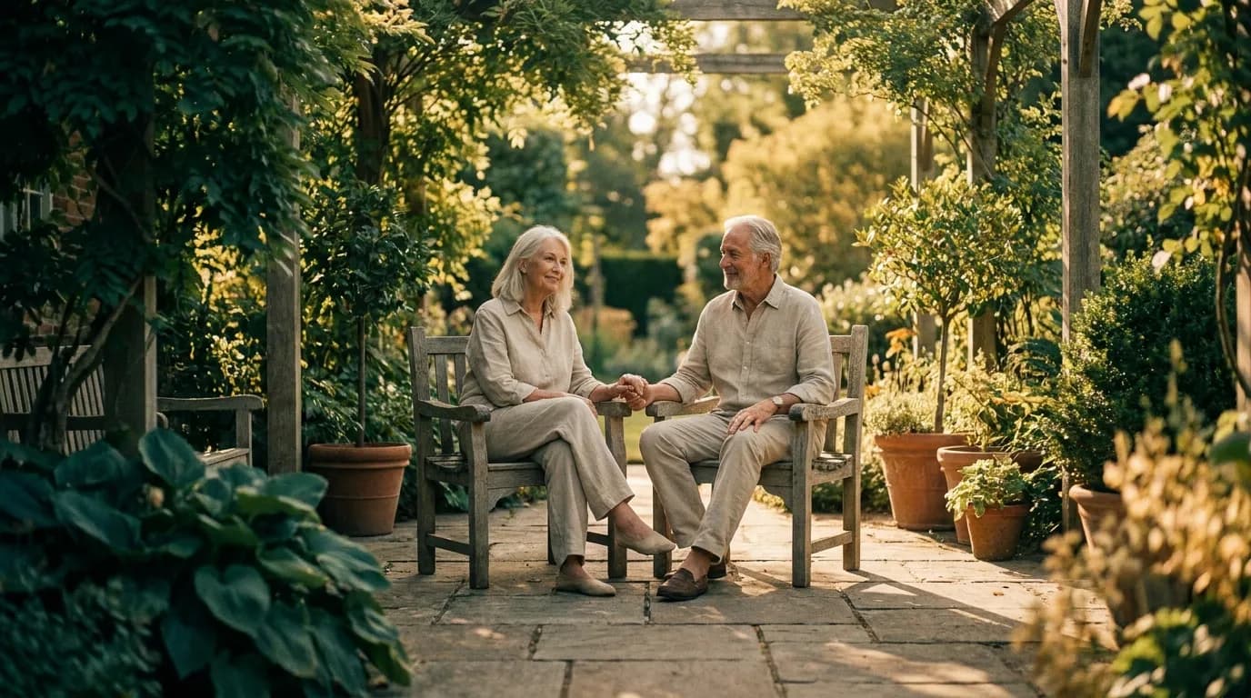 Older couple relaxing in a sunlit garden