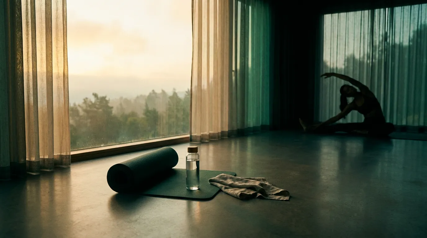 Athletic recovery scene with yoga mat at dawn