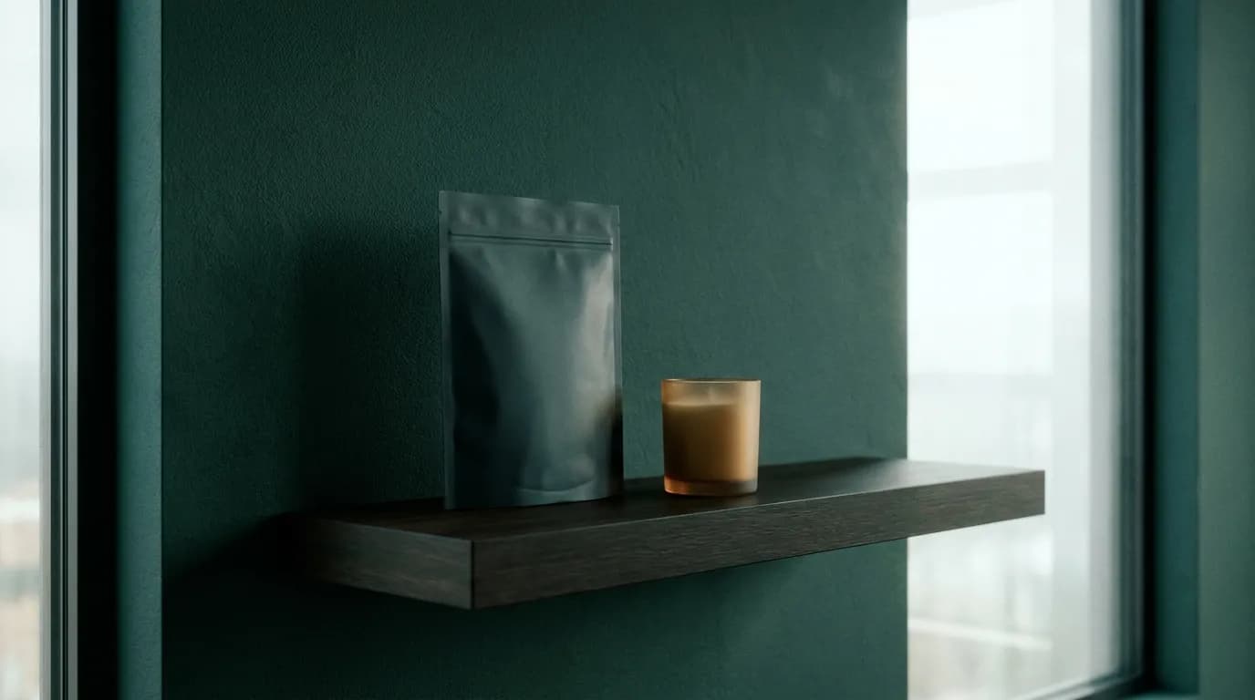 Matte dark resealable pouch and an amber candle on a dark wood floating shelf against a deep green wall