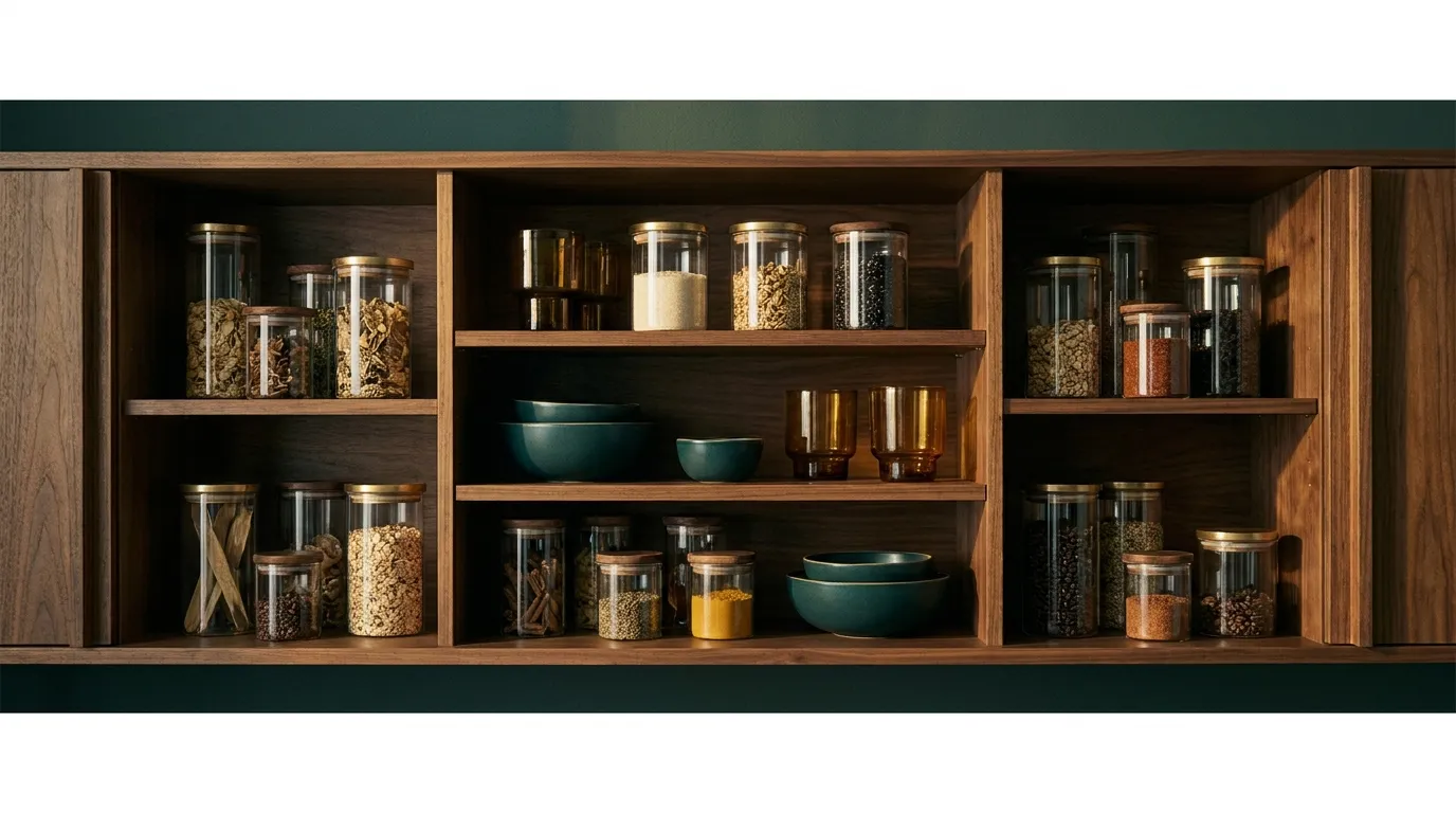 Airtight glass storage jars in a warm wooden cabinet