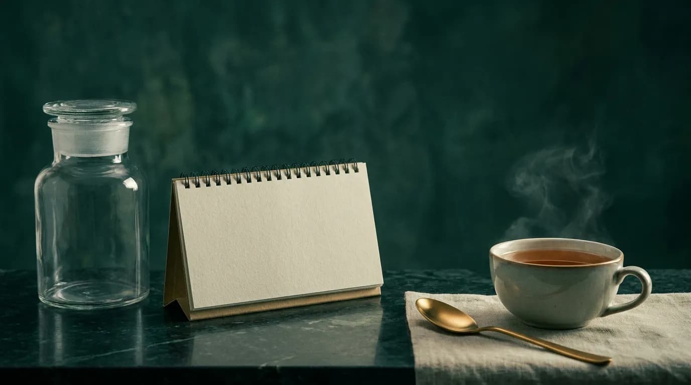 Calm minimal still-life with jar, calendar and tea