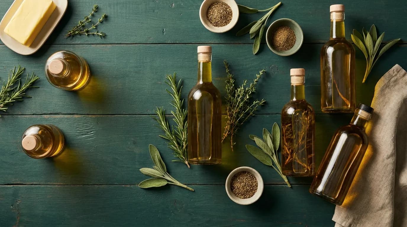 Elegant culinary flat-lay of infused home cooking