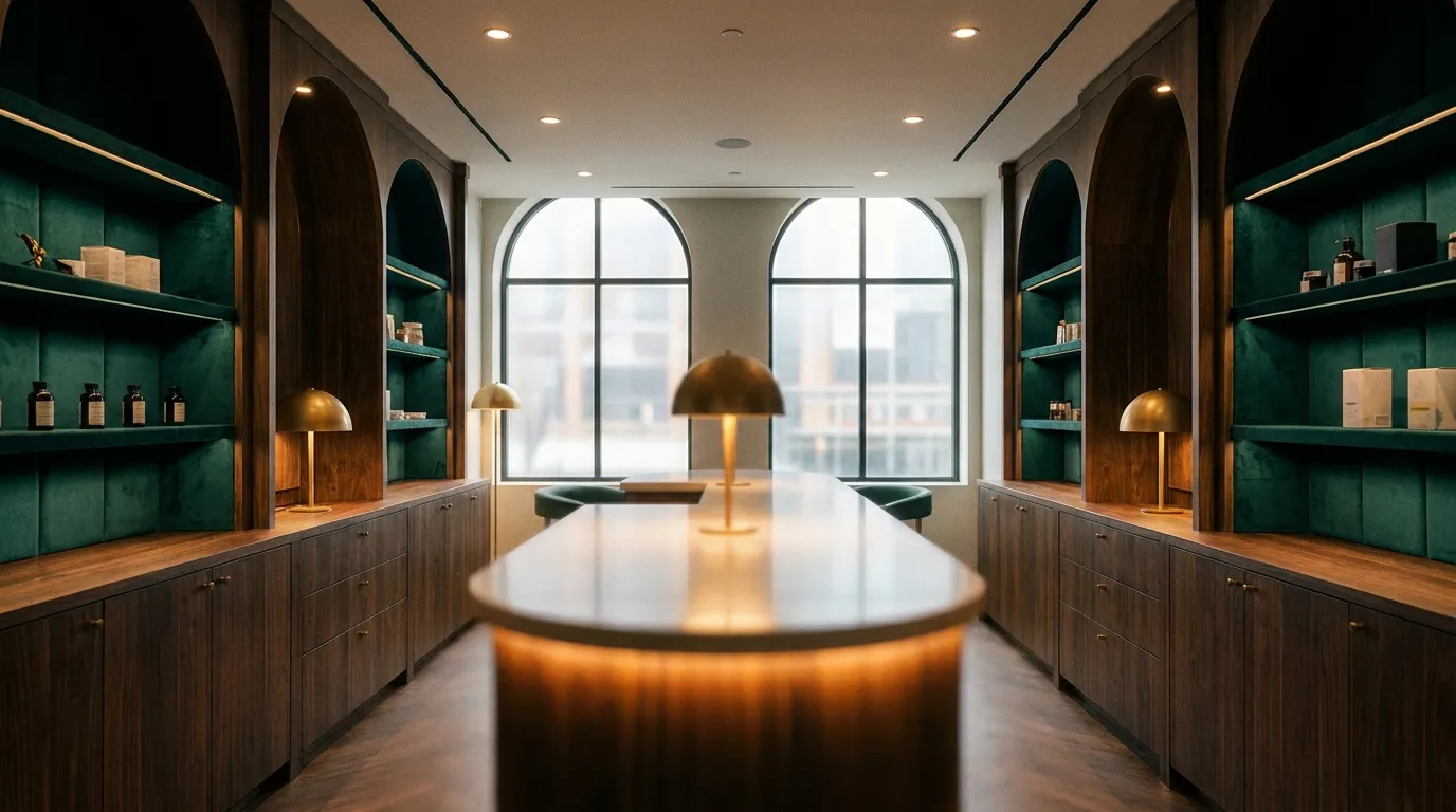 Warm modern dispensary interior with wood and green shelving