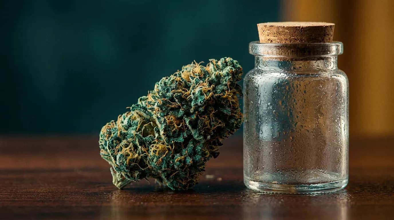 Fresh green cannabis bud in macro beside a glass jar