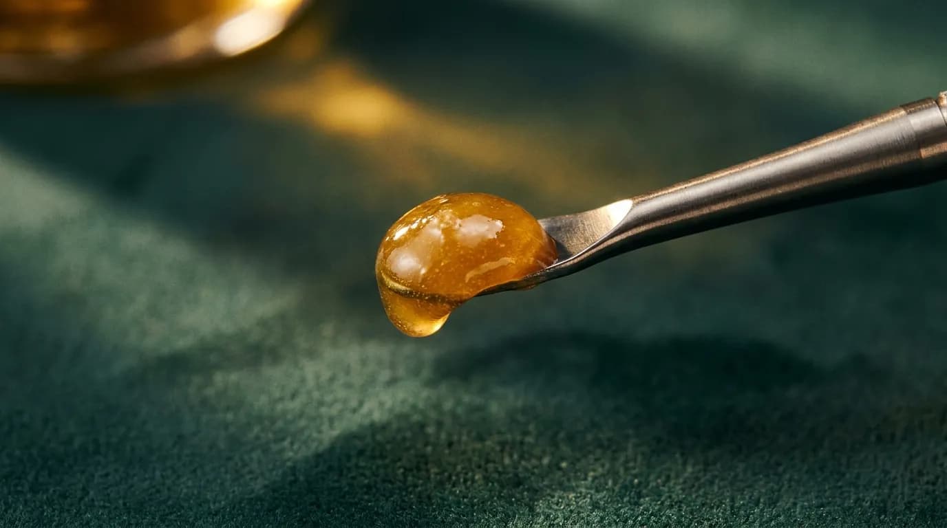 Macro of golden live rosin concentrate on a tool