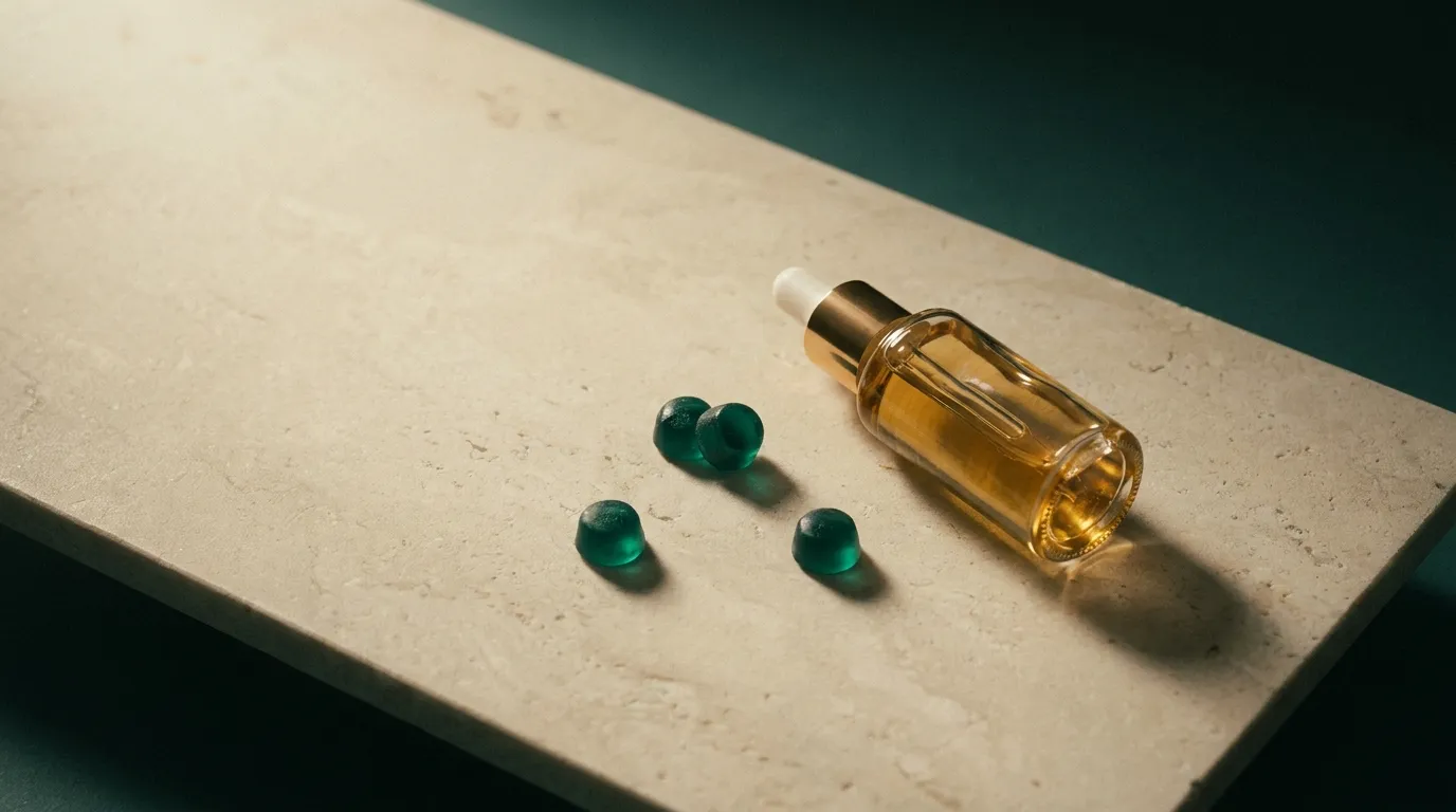 Precise still-life of low-dose gummies and a dropper