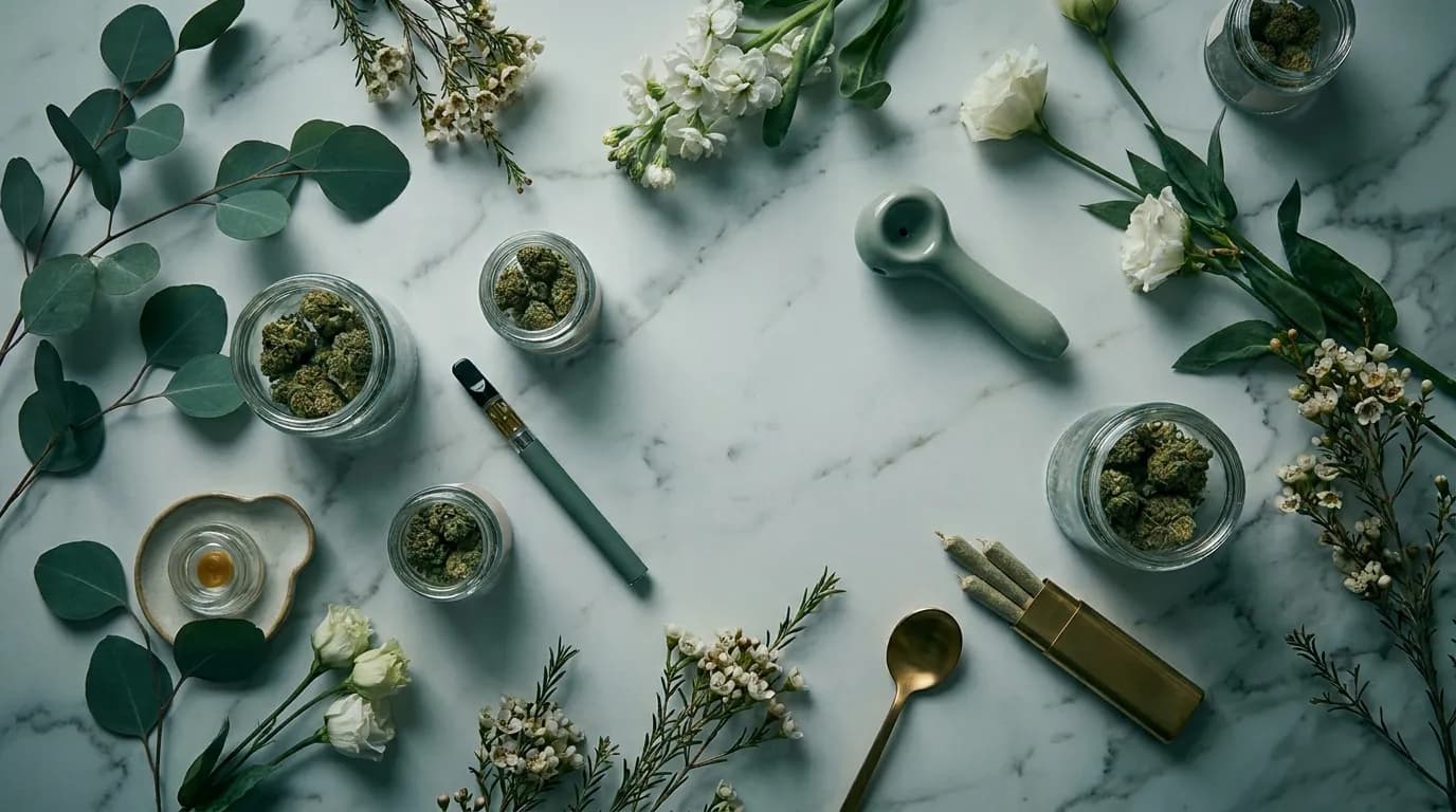 Elegant flat-lay of assorted cannabis products on marble