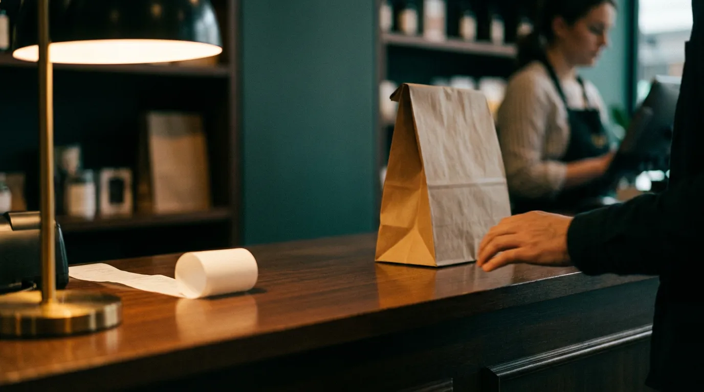 Clean retail counter with paper bag in warm light