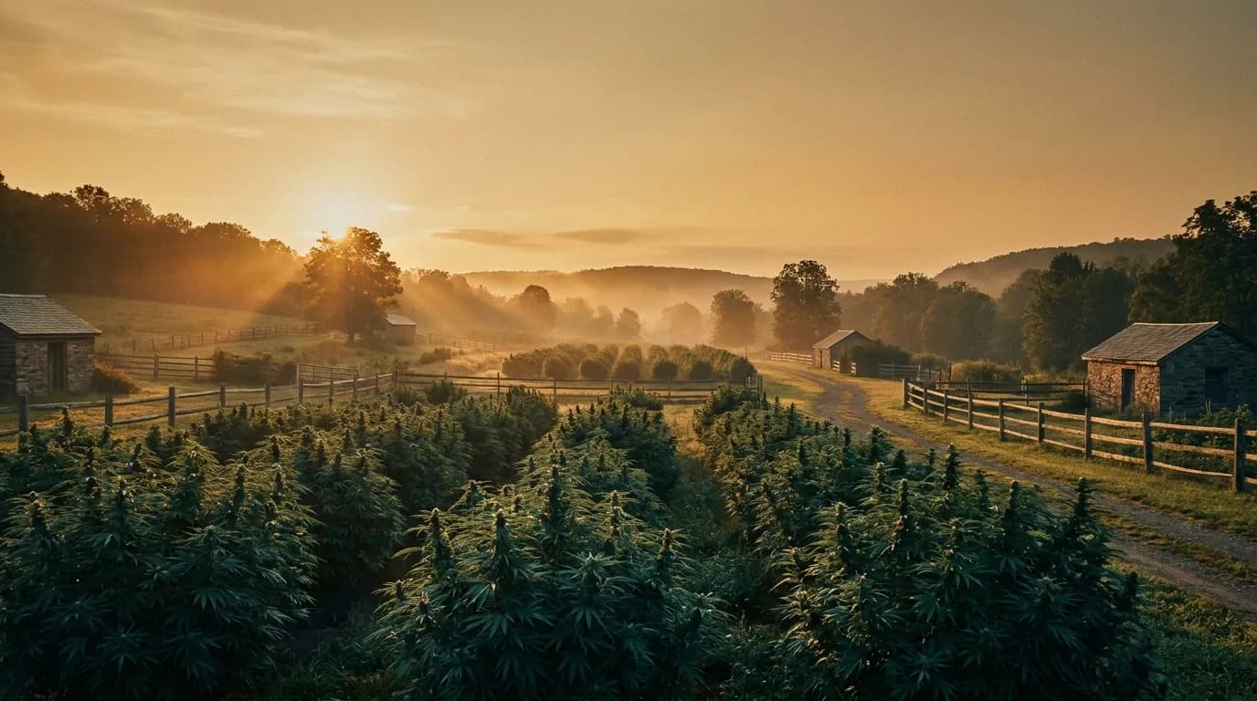 Sun-grown cannabis farm field at golden hour