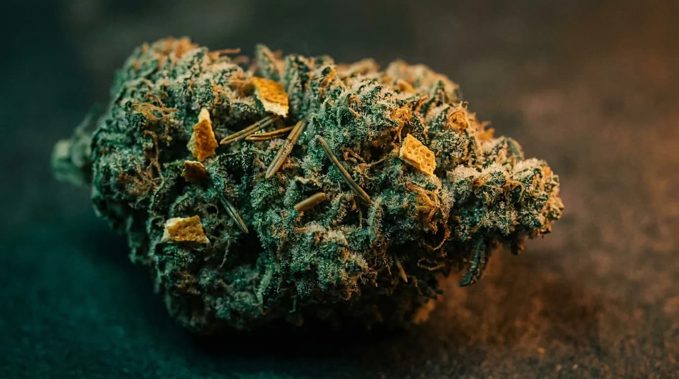 Macro of a cannabis flower with glistening trichomes
